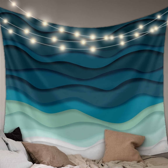 Teal Ocean Large Tapestry for Bedroom Wall Hanging Tapestry, Coastal Sea Moire Waves Abstract Ombre Art Ceiling Backdrop Tapestries Poster Blanket Wall Decor for Teens Room Living Room Dorm 85" x 90"