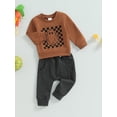 thumbnail image 6 of Elippeo Toddler Boys Fall Outfits 6 12 18 24 Months 3 Years Checkerboard Ghost Print Crew Neck Long Sleeve Sweatshirts and Long Pants 2Pcs Halloween Clothes Set, 6 of 10