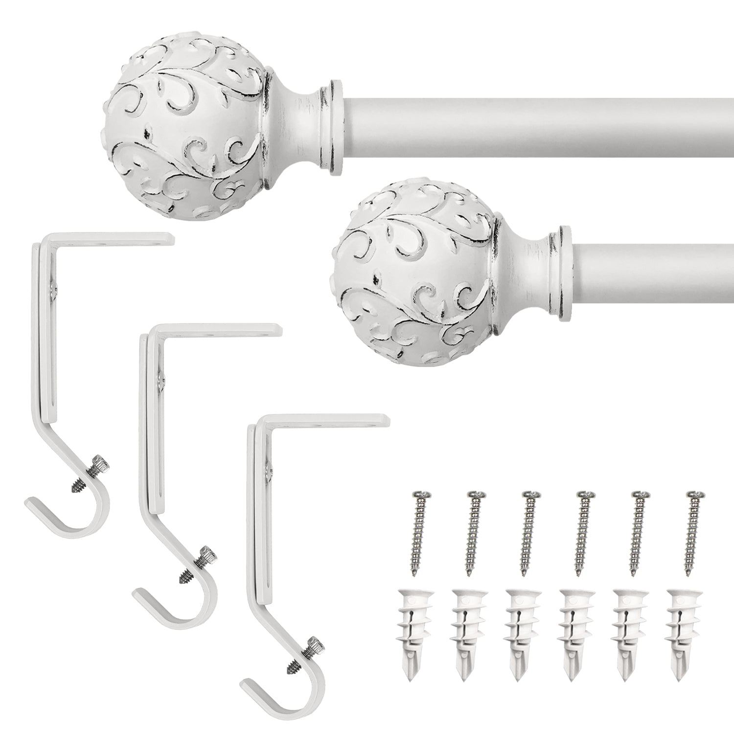 Lumi 66 in. - 120 in. Telescoping 3/4 in. Single Curtain Rod Kit in White with Farmhouse Ball Finial