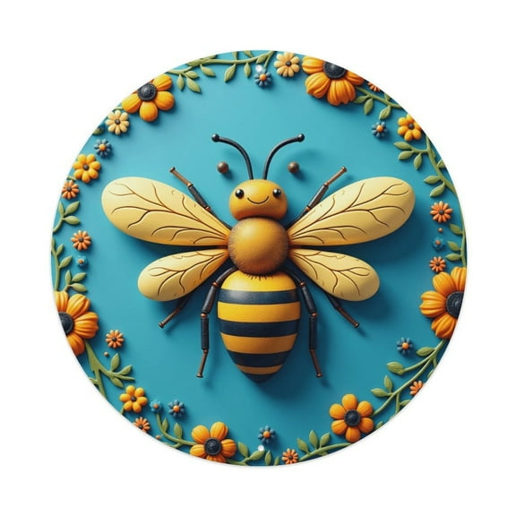 Vintage Wall Decor Bee Flower Wall Plaque Sign Round Metal Tin Sign Round Welcome Door Hanging, Suitable for Home Garden Kitchen Bar Cafe Restaurant Garage Wall Decor 8x8 Inch