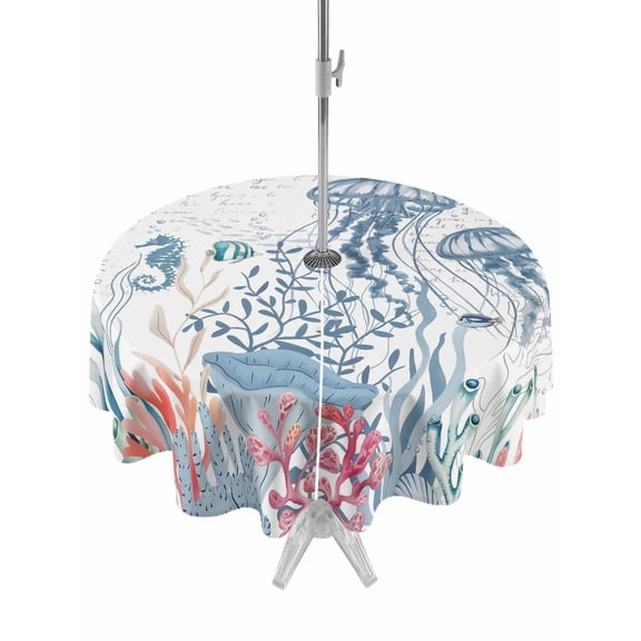 Outdoor Tablecloth with Umbrella Hole for Patio/Picnic/Party/Camping, Coastal Jellyfish Waterproof Table Cloth Round Cover Washable, Summer Beach Nautical Ocean Coral Seahorse (Dia 60")