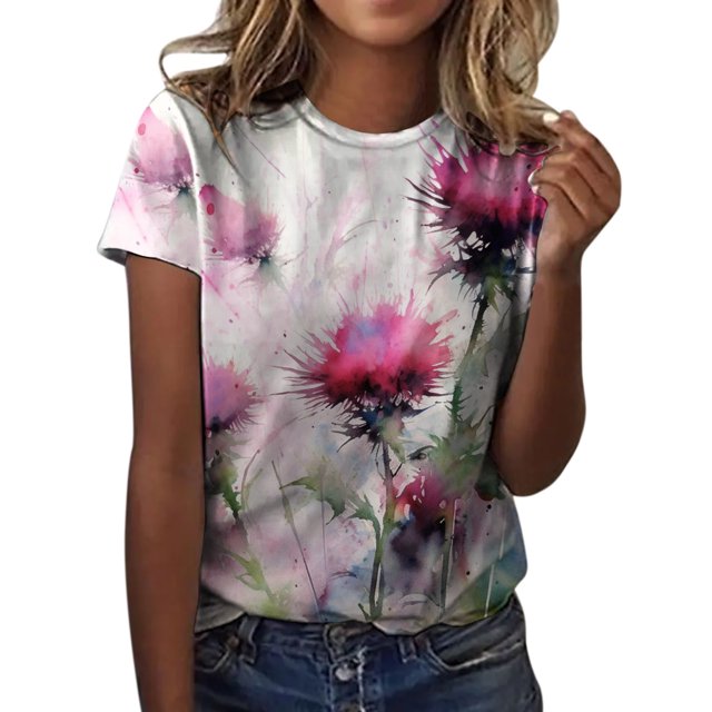 TSADFHJI T-Shirts pour Femmes Coupe Ample Manches 3/4 Mode Col Rond Manches Courtes T-Shirts d'Été Blouse Imprimée Fleurs TG Blanc