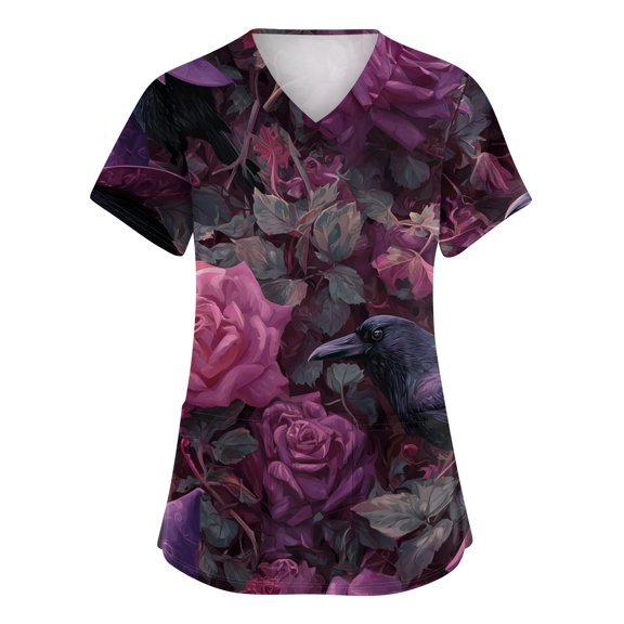 Sewkxo Women Vintage Spooky Halloween V Neck Nursing Top Short Sleeve Cartoon Ghost Print Loose Cut Medical Scrub Shirt,Purple Pink L