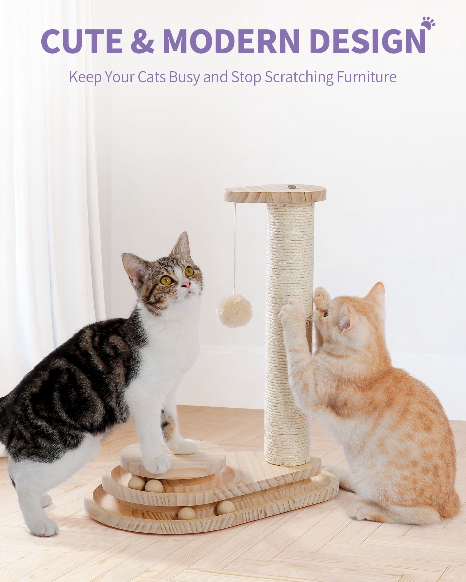 Made4Pets Beige Wooden Cat Scratching Post with Play Ball Interactive Toy，5"L x 9.8"W x 17.7"H