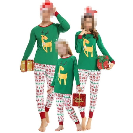 

EYIIYE Green Family Matching Reindeer Print Christmas Pajamas 2Pcs Sets Long Sleeve Parent-Child Nightwear for Adults Baby Kids