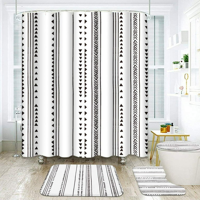 4 Pcs Bathroom Shower Curtain Set,Black Stripe Bathroom Decor