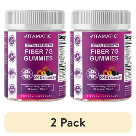 (2 pack) Vitamatic Prebiotic Fiber Gummies for Adults, 7G Extra Strength, Zero Sugar Added, 240 Pectin Based Gummies, Digestive Health & Regularity Support