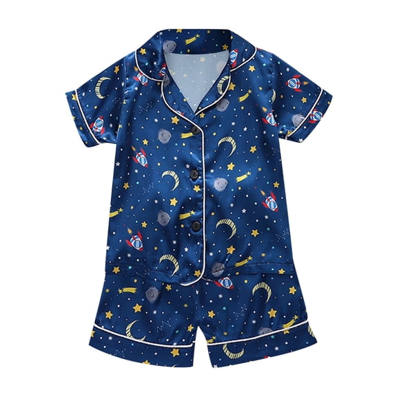 Toddler Outfits Short Sleeve Floral Printed Button Down Classic Loungewear Shirt Shorts Two Pieces Set Boys' Loungewear Dark Blue 100(2 Years-3 Years)