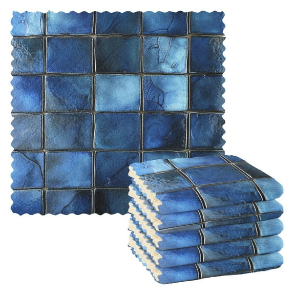 Dark Blue Square Mosaic Kitchen Cloth Dish Towels for Drying Washing Absorbent Dish Rags 6 Pack