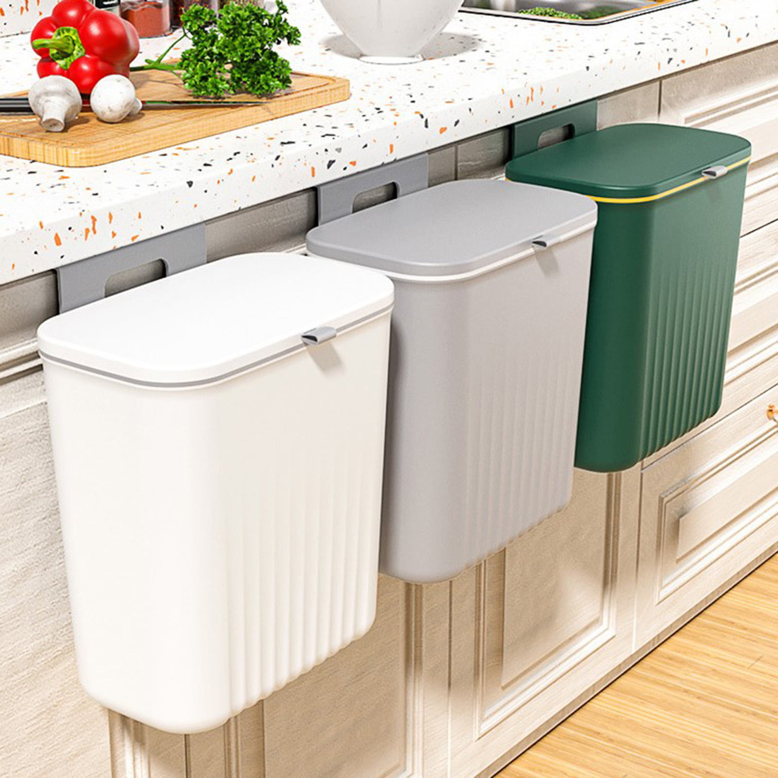 Tiyafuro 2.4 Gallon Kitchen Compost Bin for Counter Top or Under Sink, Hanging Small Trash Can with Lid for Cupboard/Bathroom/Bedroom/Office/Camping