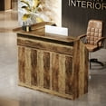 thumbnail image 4 of Finmind L-Shaped Reception Desk with Storage Shelves, Modern Front Counter Table for Office, Salon, Checkout Office, Brown, 4 of 8