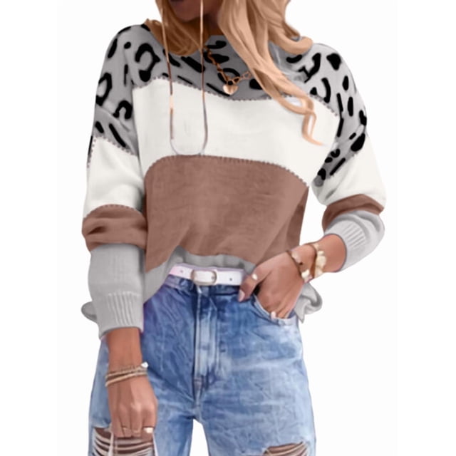 Suéter de Rayas con Estampado de Leopardo para Mujer, Cuello Redondo, Larga, Tejido con Bloques de Color Rosa XXL