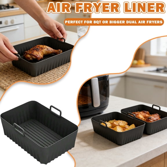 Reusable Silicone Air Fryer Liners, Rectangular Non-Stick Air Fryer Silicone Baskets with Handles, Heat Resistant Food Safe Air Fryer Accessories for 8QT