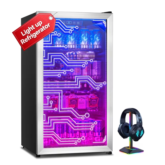 Patiosunny 126 Cans Light up Beverage Refrigerator, LED Lighting Door Freestanding Cooler for Gaming Room, Bar, Party
