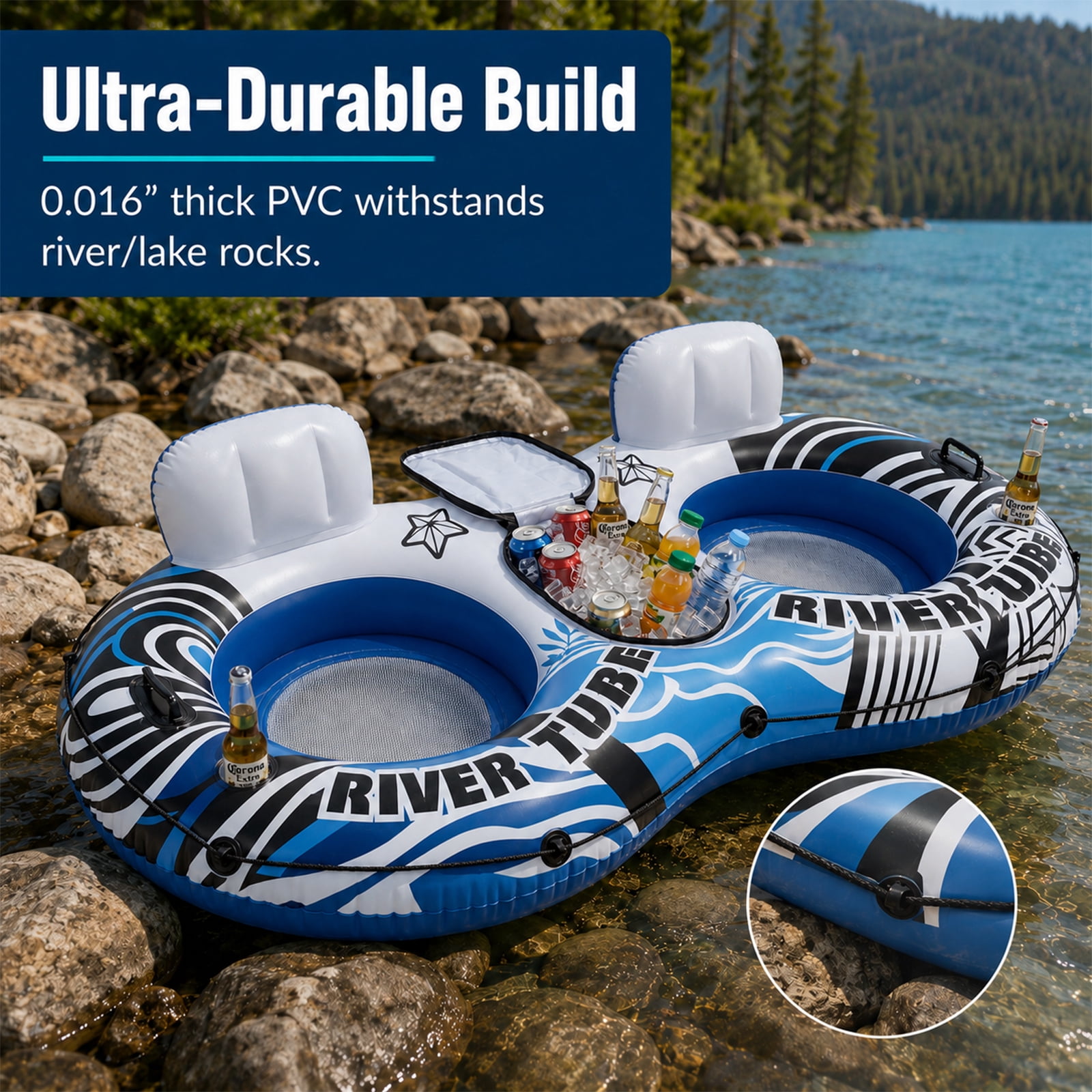 Alvantor 2 Person Inflatable River Tube Float, Heavy Duty River Float for Adults with Removable Cooler, Cup Holders, Durable Handles & GRAP Rope for Family Pool