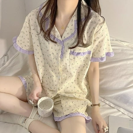 

CoCopeaunt Korean Pajama Mujer Grid Print Cotton Yarn Sleepwear Set Short Sleeve Top+Shorts Ruffle Homewear Skin-Friendly Breathable