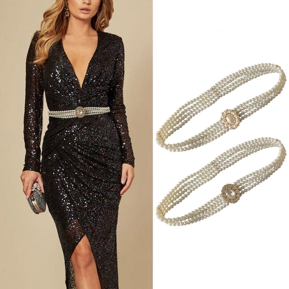 IQOGKRN Women's Elegant Multi-Strand Pearl Waist Belt with Rhinestone Buckle tretchy Elastic Chain for Dresses Evening Wear White1 One Size