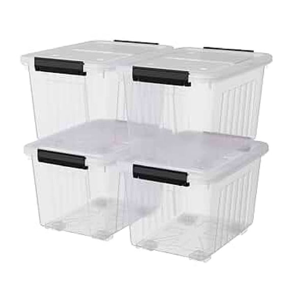 50 Quart Storage Totes with Wheels 4-Pack - Clear Plastic Storage Bins with Lids - Large Capacity Boxes for Clothes, Blankets, Holiday Decorations - 20.47 x 14.96 x 13.07 Inches