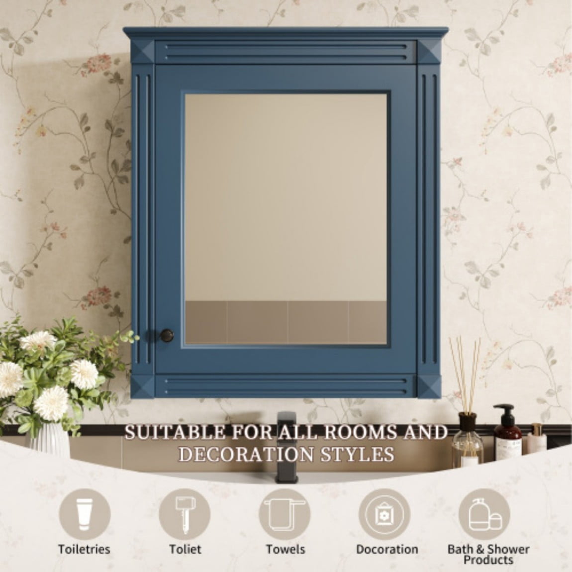 24"x 27" Wall Mounted Bathroom Medicine Cabinet with Mirror, Adjustable Shelves, Over the Toilet Storage Cabinet, MDF Bathroom Wall Cabinet, Blue