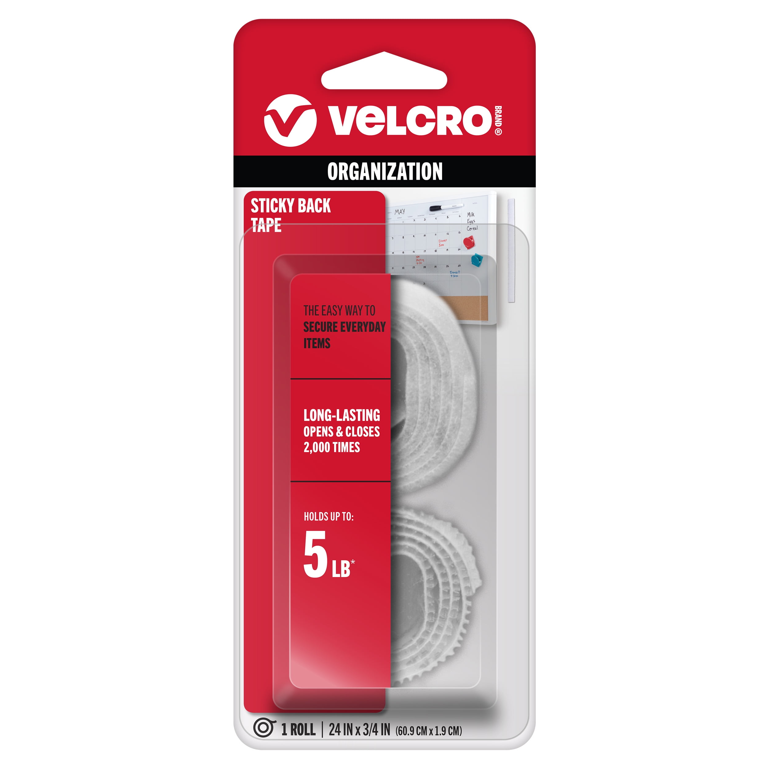 VELCRO Brand Sticky Back, 24" x 3/4" Tape, White, 4 pack