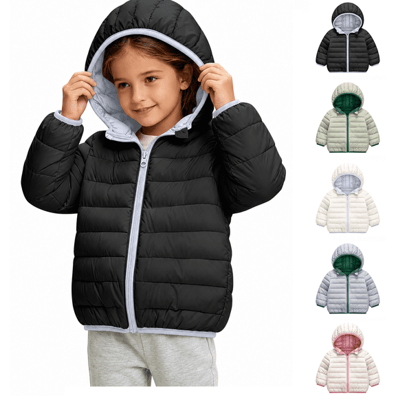 XRoczxe 1‑8 Years Kids Lightweight Quilted Hooded Puffer Jacket, Boys Girls Color‑Lined Zip‑Up Short Padded Coat, Windproof Packable Warm Winter Outerwear Black