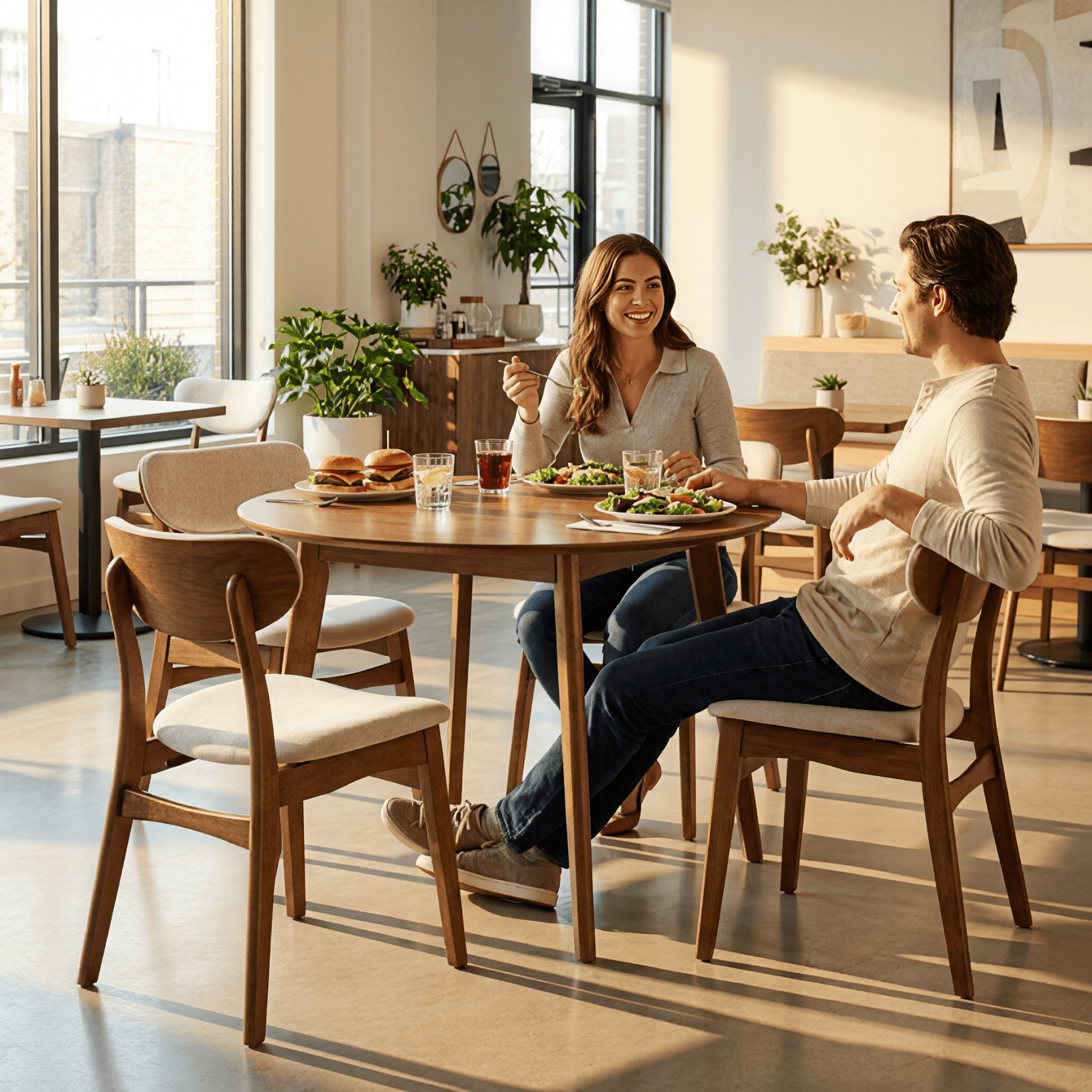 Prilinex Farmhouse Dining Chairs Set of 4, Fabric Upholstered Wooden Dining Chairs with Curved Back & Wood Legs, Mid-Century Kitchen Chairs for Dining Room Restaurant, Beige