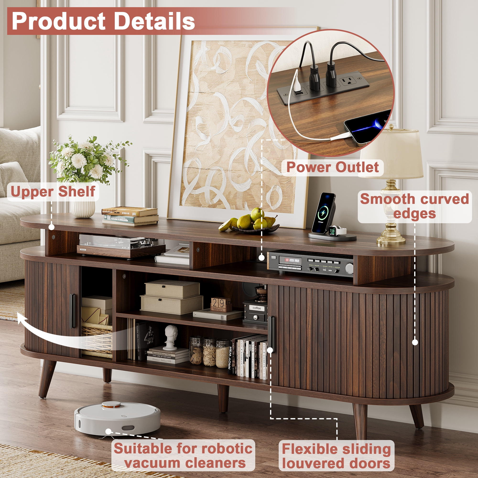 GUNAITO TV Stand for TVs up to 70", Wood TV Stand for Living Room with LED Lights , Entertainment Center with Storage and Shelves, Walnut
