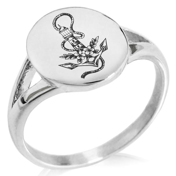 Tioneer Stainless Steel Nautical Anchor Lighthouse Minimalist Oval Top Polished Statement CZ Signet Ring