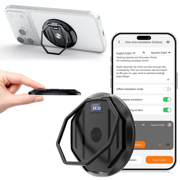 AI Voice Recorder,AI Language Translator Bluetooth Device with Magnetic Phone Stand,Supports 120 Languages Real-time/Offline Translation,Free Transcription & Summary Forever,for Business Travel/Study
