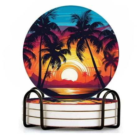 

BaHomeck Drink Coasters Set of 4 with Holder colorful sunset with silhouettes of palm trees on the beach Water Absorbent Ceramic Coasters Tabletop Protection Suitable for Various Cup Home Decor