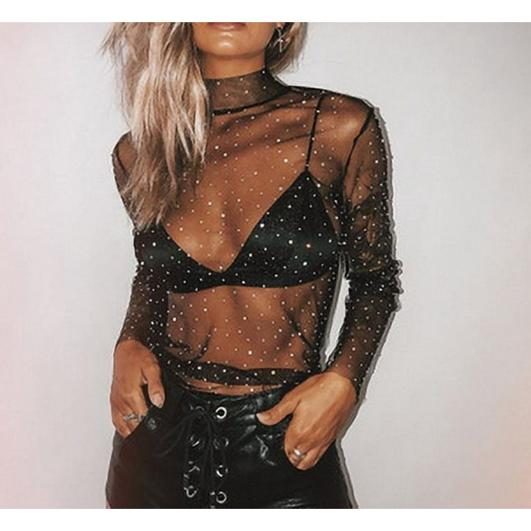 Lavany Women Transparent Blouse Long Sleeve Crop Sequin Lace Mesh See  Through Tops : : Clothing & Accessories