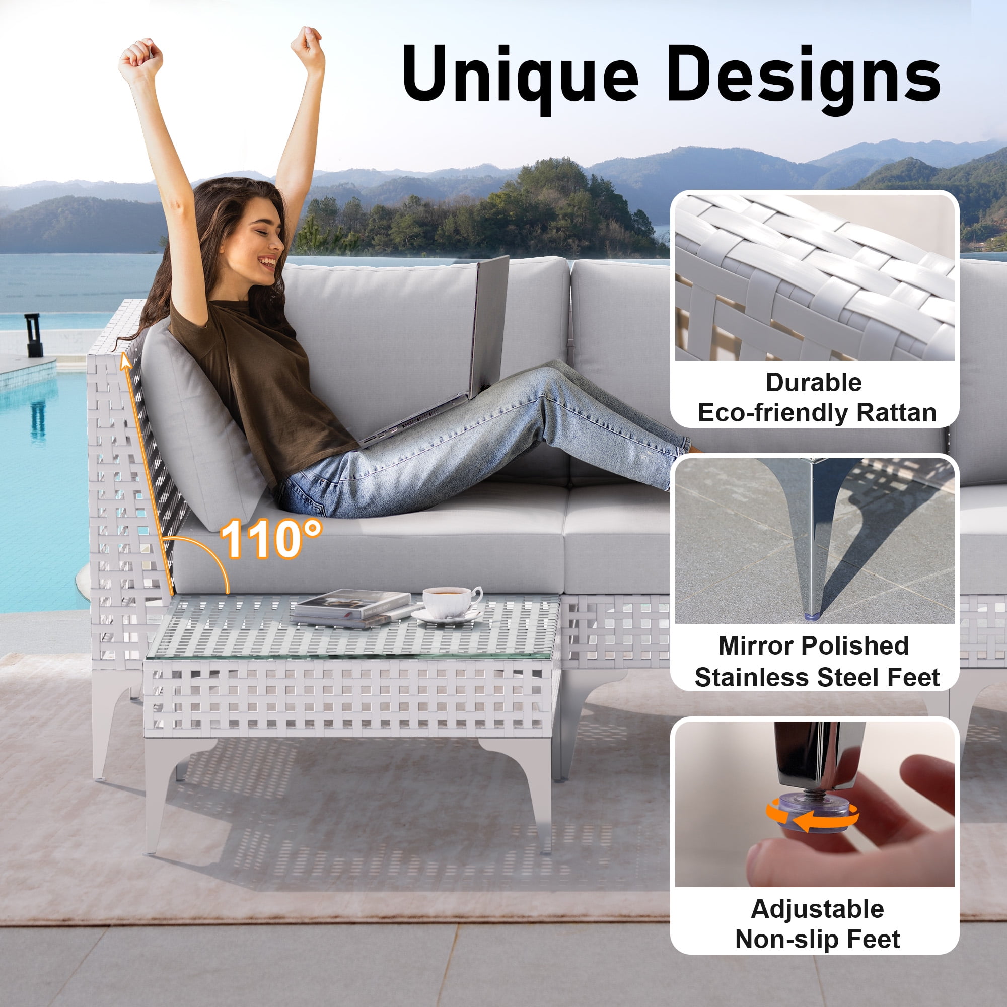 RADIATA 4 Pcs Patio Boho Furniture Sofa Sets with Light Gray Cushions , All-Weather White PE Wicker Outdoor Conversation Sets for Backyard, Deck, Patio Sofa Sectional