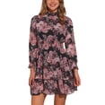 thumbnail image 1 of Vestido Mini Casual de Chifón con Cuello Fruncido y Volantes para Mujeres Chic Floral de Manga Larga en Negro y Rosa Talla M, 1 of 6