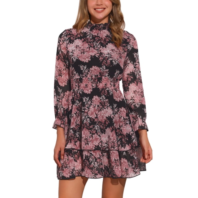 Vestido Mini Casual de Chifón con Cuello Fruncido y Volantes para Mujeres Chic Floral de Manga Larga en Negro y Rosa Talla M