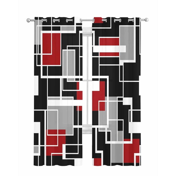 Red Black Geometric Sheer Curtains 63 Inch Length 2 Panels Set for Living Room/Bedroom, Modern Color Block Abstract Kitchen Curtains Grommet Semi-Sheer Curtains Drapes Window Treatments 42"x63"x2