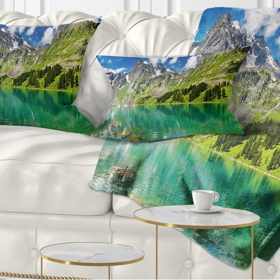Designart Bright Day Mountain Lake - Photography Throw Pillow - 12x20