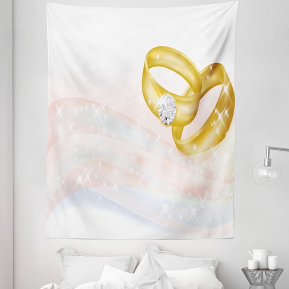 Wedding Tapestry, Wedding Rings on Abstract Backdrop Romance Marriage Engagement, Fabric Wall Hanging Decor for Bedroom Living Room Dorm, 5 Sizes, Pale Blue Pale Pink, by Ambesonne