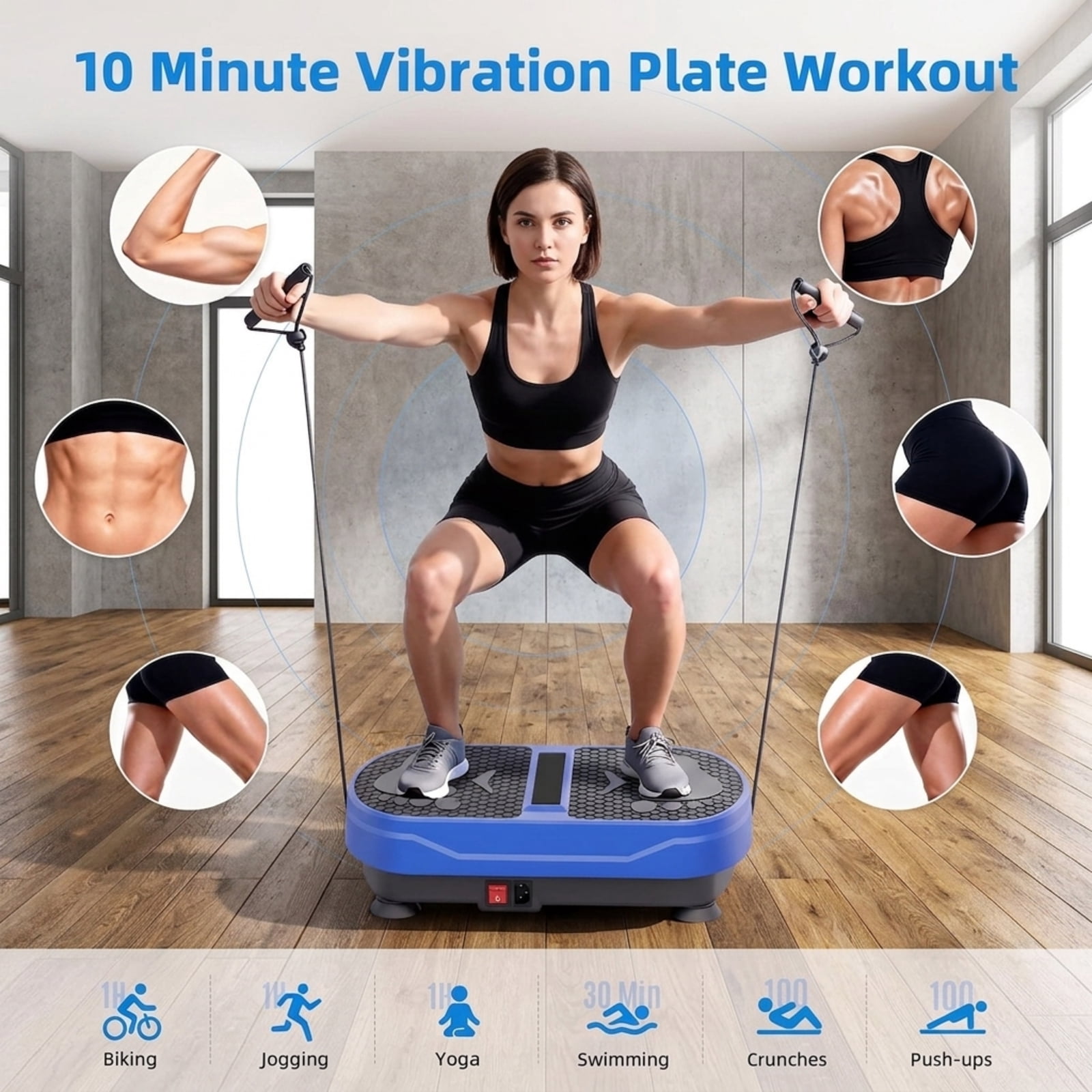 Fenbeli Vibration Plate Exercise Machine, 1-999 Speeds, Bluetooth Speaker, Remote, 2 Loops and 5 Resistance Bands, 450 lb Capacity, Blue
