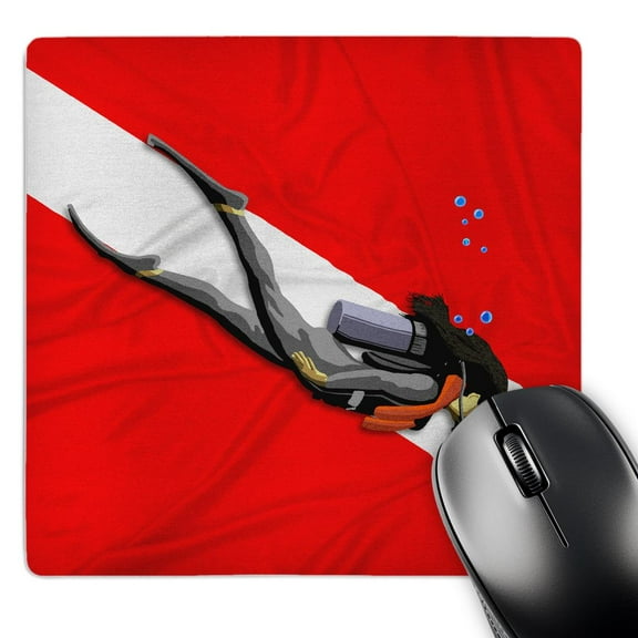 3dRose, Woman SCUBA diver in front of a red and white dive flag., MousePad