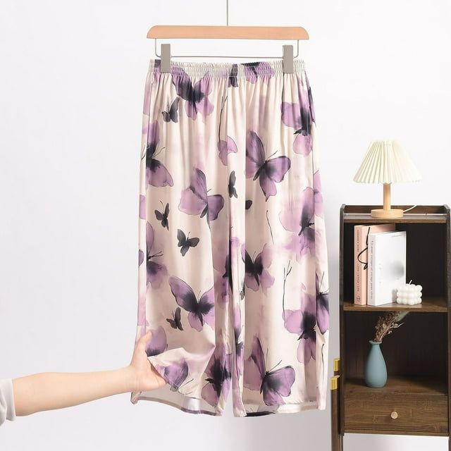 Taylonsss Pantalons de Pyjama Mi-Longs en Rayonne Imprimée pour Femmes Grande Taille Vêtements de Maison Bas de Pyjama