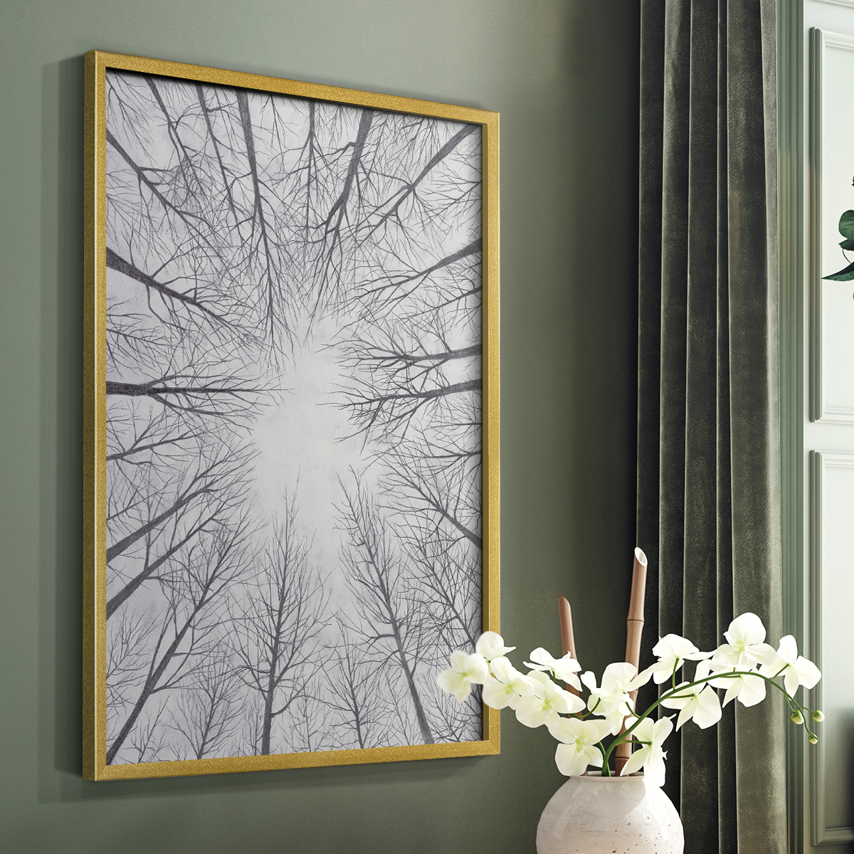 Deciduous Canopy II Framed Print in Gold Solid Wood Framed Print No Nail Hanging