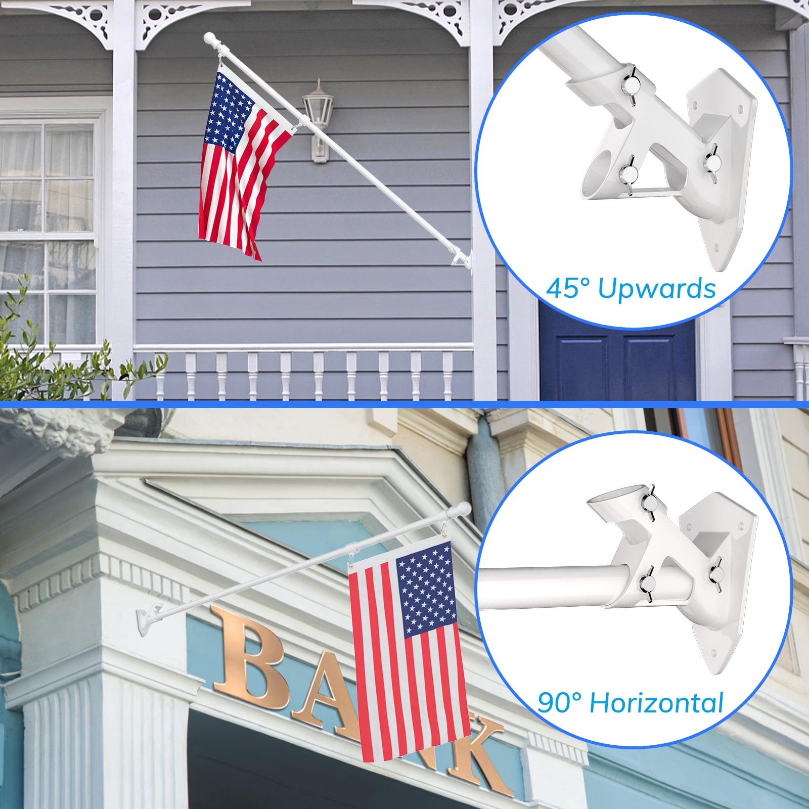 FIASON 5 FT White Flag Pole Kit with 3x5 Ft US Flag, Tangle-Free 360° Rotating Rings, Adjustable 45°/90° Bracket, Heavy Duty Stainless Steel for Outside House Porch