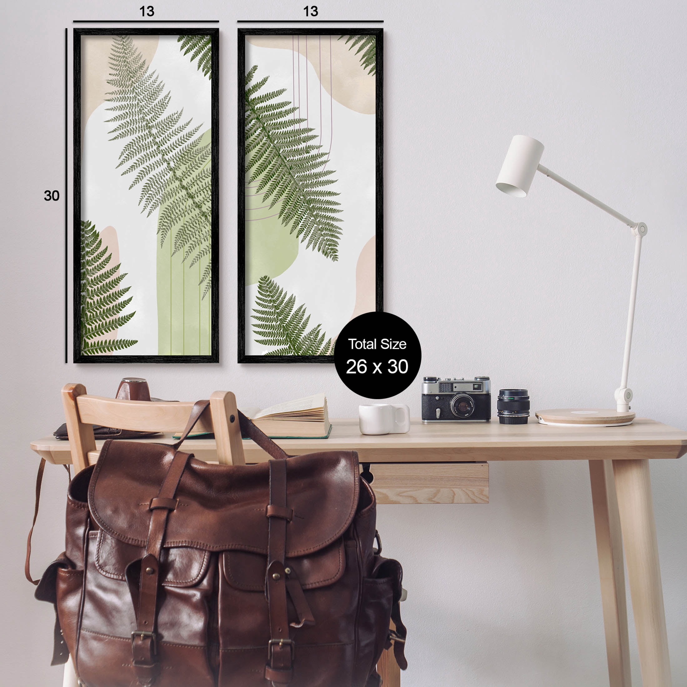 Fern Leaves Pastel Geometric Botanical & Floral Graphic Art Black Framed Art Print Wall Art, Set of 2