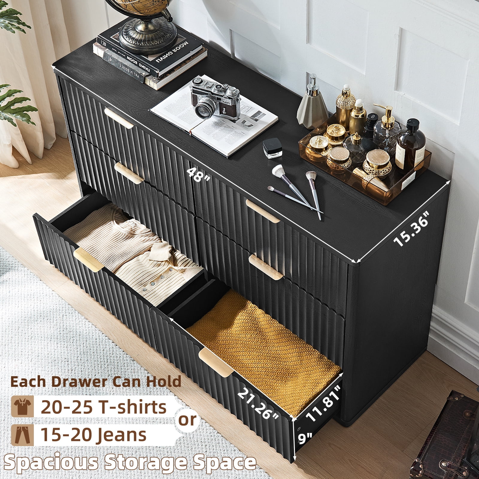 LELELINKY Fluted Dresser for Bedroom, Modern Wooden 6 Drawer Dresser, Storage Cabinet Chest of Drawers for Living Room Hallway, Black