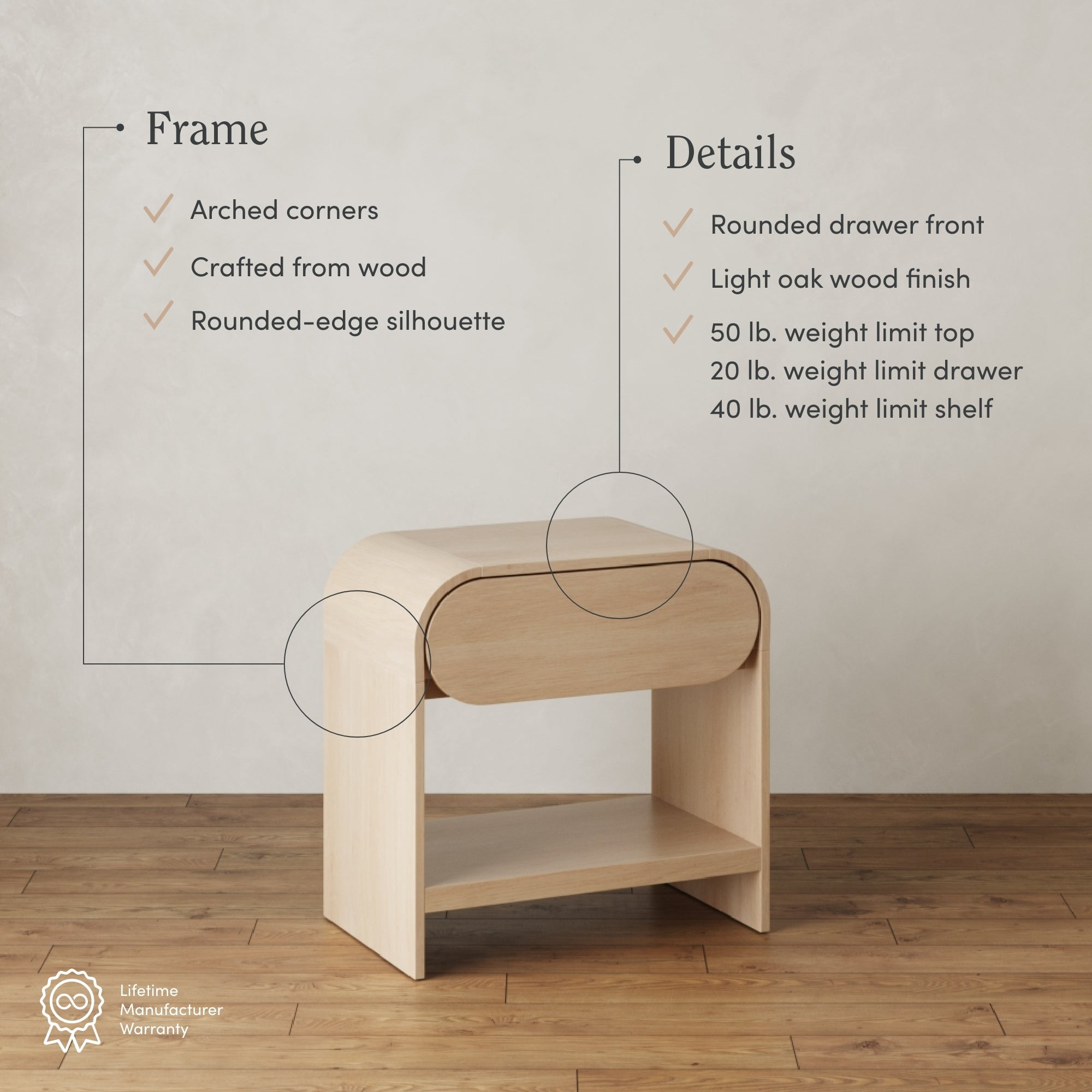 Nathan Jamea Iris Mid-Century Modern Nightstand with Drawer, End Table with Storage for Bedroom or Living Room with Rounded Silhouette, Light Oak