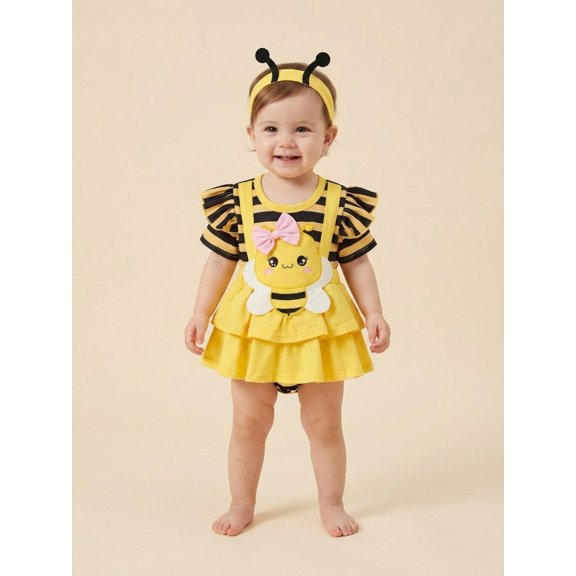 Newborn Girl Outfit, Short Sleeve Striped Bee A-line Romper Dress with Headband Clothes