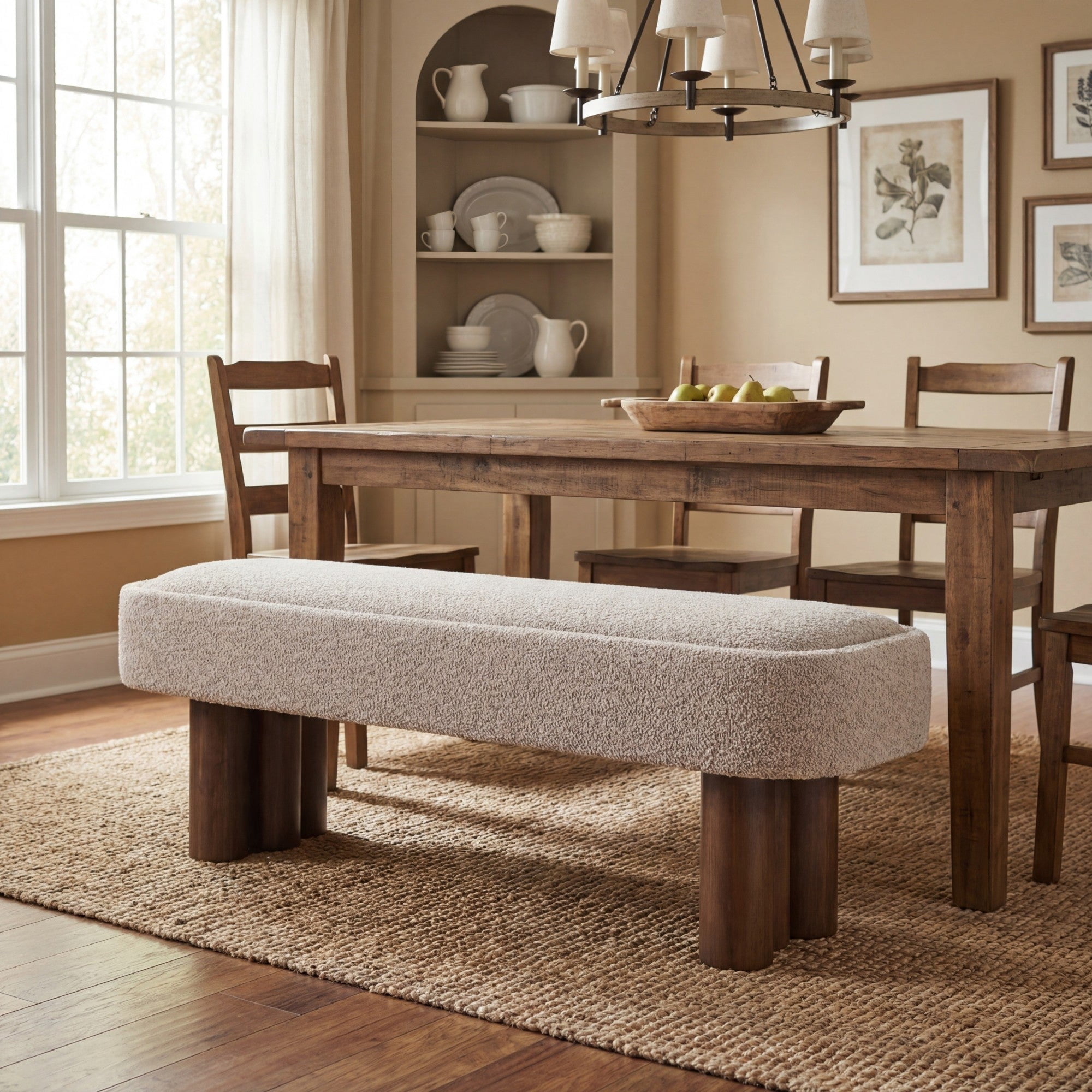 Sailvan 60" Boucle Dining Bench,Upholstered Kitchen Seating with Walnut Legs,Modern Indoor Bench for Entryway and Living Room khaki