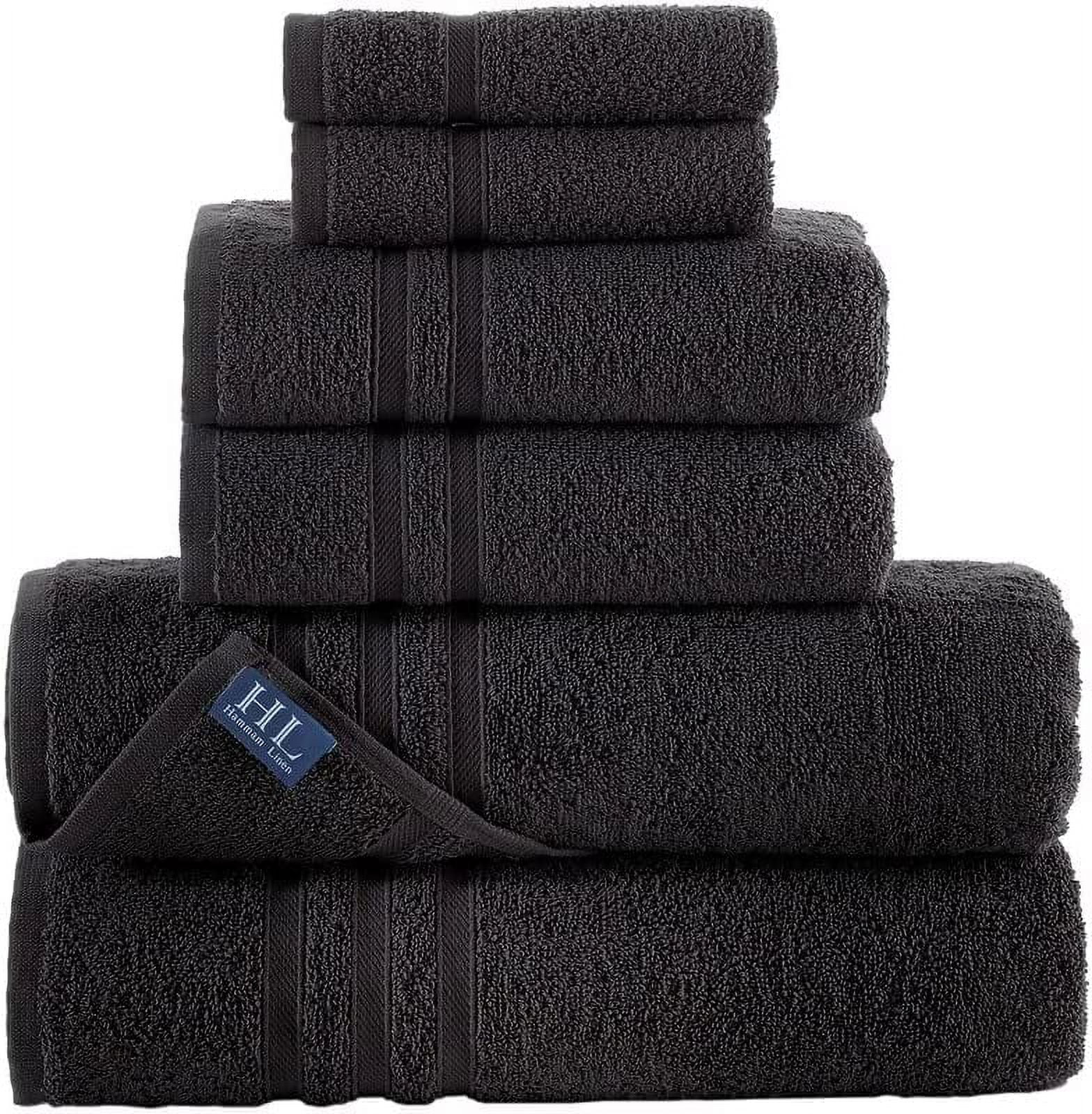 Hawmam Linen Bathroom Accessories Set - 6 Piece Black Bathroom Set: 2 Bath Towels, 2 Hand Towels, 2 Washcloths, 100% Turkish Cotton, Quickdry, High Absorbent, Dorm Room Essentials, Spa Quality 600 GSM