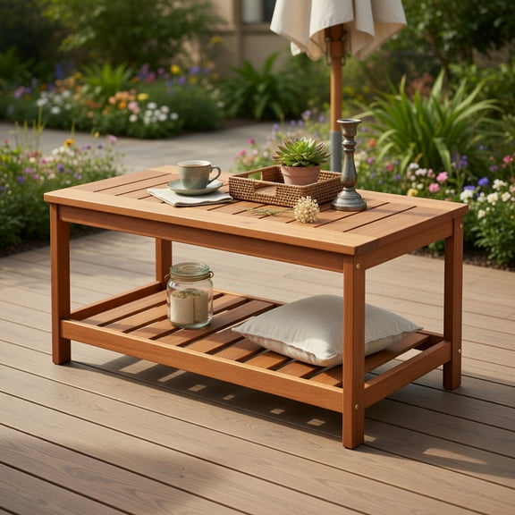 Resenkos 2-Tier Patio Coffee Table with Slatted Tabletop and Shelf, Slatted Outdoor Coffee Table for Outside Patio Storage