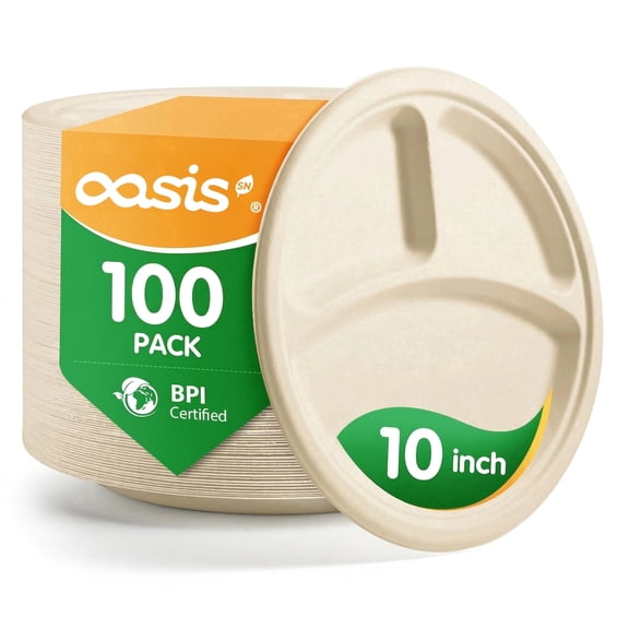 Sectional Paper Plates,OasisSN 10 Inch 100 Pack Dinner Plates 3-Compartment Paper Plates Divided Compostable Disposable Platter for Home Use,Buffet,Big Game(Natural)